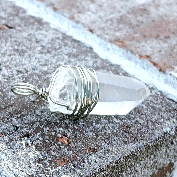 Clear Quartz Crystal Point Pendant, Wire Wrapped, Gemstone Boho 2" - Picture 2 of 5